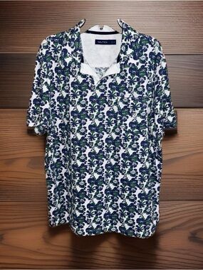 Nautica Men’s White Polo Shirt with Navy & Green Floral Print-XL-EC
